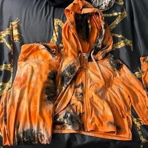 Vibrant Orange and Black Tie-Dye Women's Hoodie/Legging Outfit